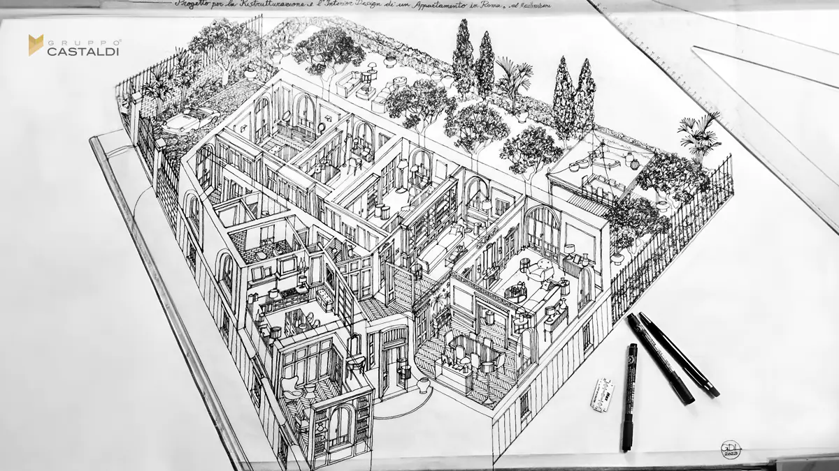 Bozza di progetto tridimensionale a china, presentata ai clienti: ristrutturazione appartamento ai Parioli, Roma.